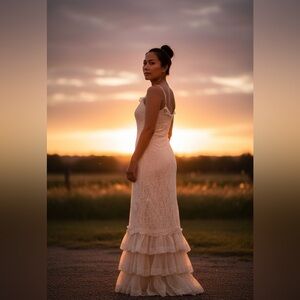 RARE 1970s Ivory Lace Prairie Maxi Dress Cottagecore Bridal SZ 44/US 10 Vintage
